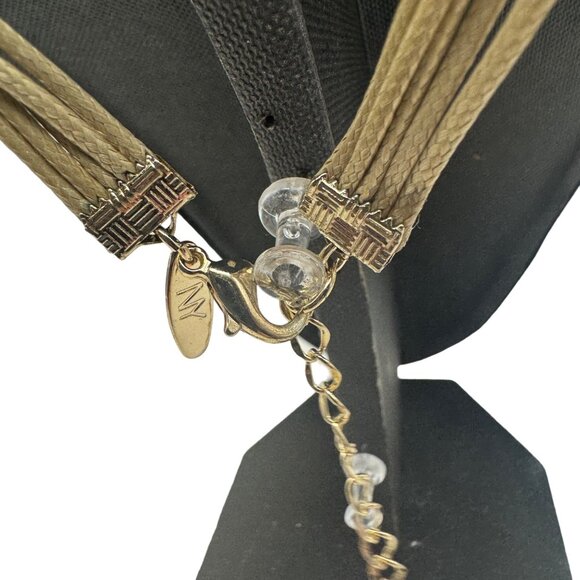 Multi-Strand Gold Necklace With Green & Brown Beads Adjustable Length - Picture 3 of 5